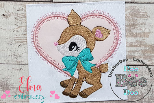 Baby Deer Little Doe Heart Frame - Applique - Machine Embroidery Design