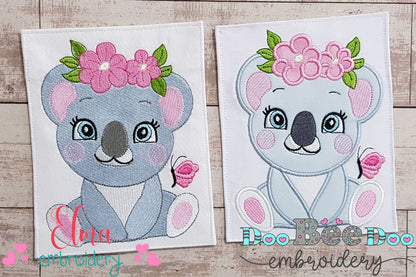 Koala Girl with Flowers - Applique & Fill Stitch - Set of 2 designs