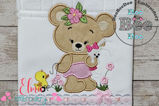 Baby Teddy Bear Girl with Bunny - Applique - Machine Embroidery Design