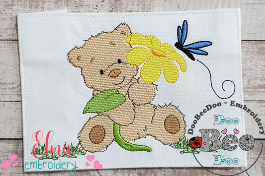 Teddy Bear with Big Flower - Fill Stitch