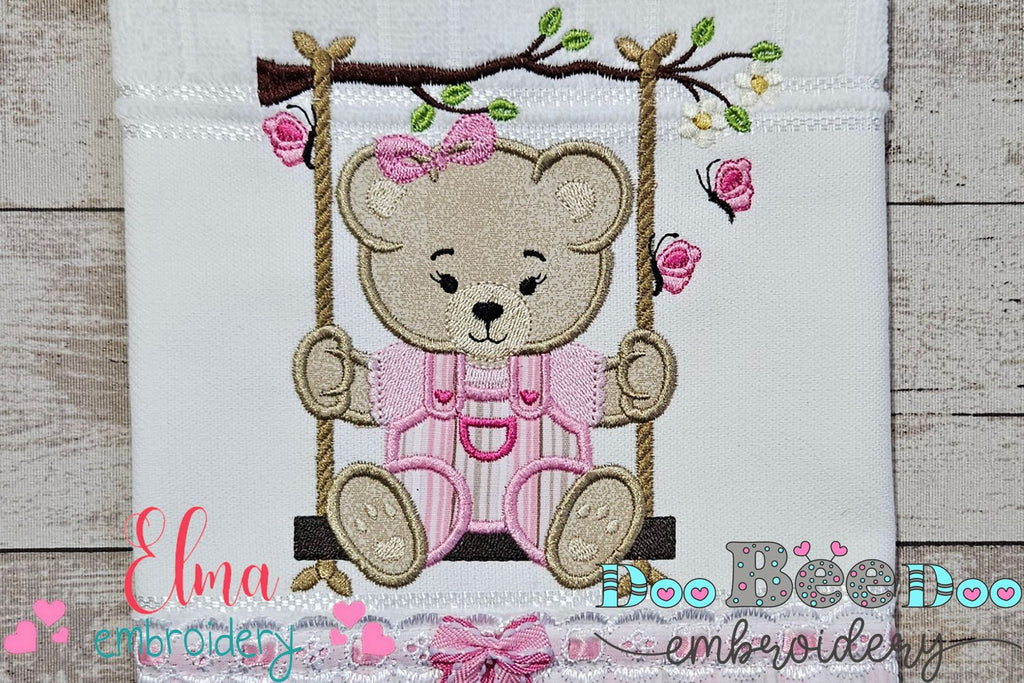 Teddy Bear Girl on Garden Swing - Applique - Machine Embroidery Design