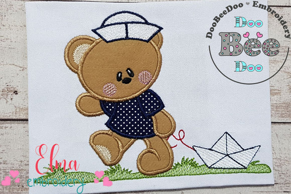Sailor Teddy Bear and Paper Boat - Aplique - Machine Embroidery Design