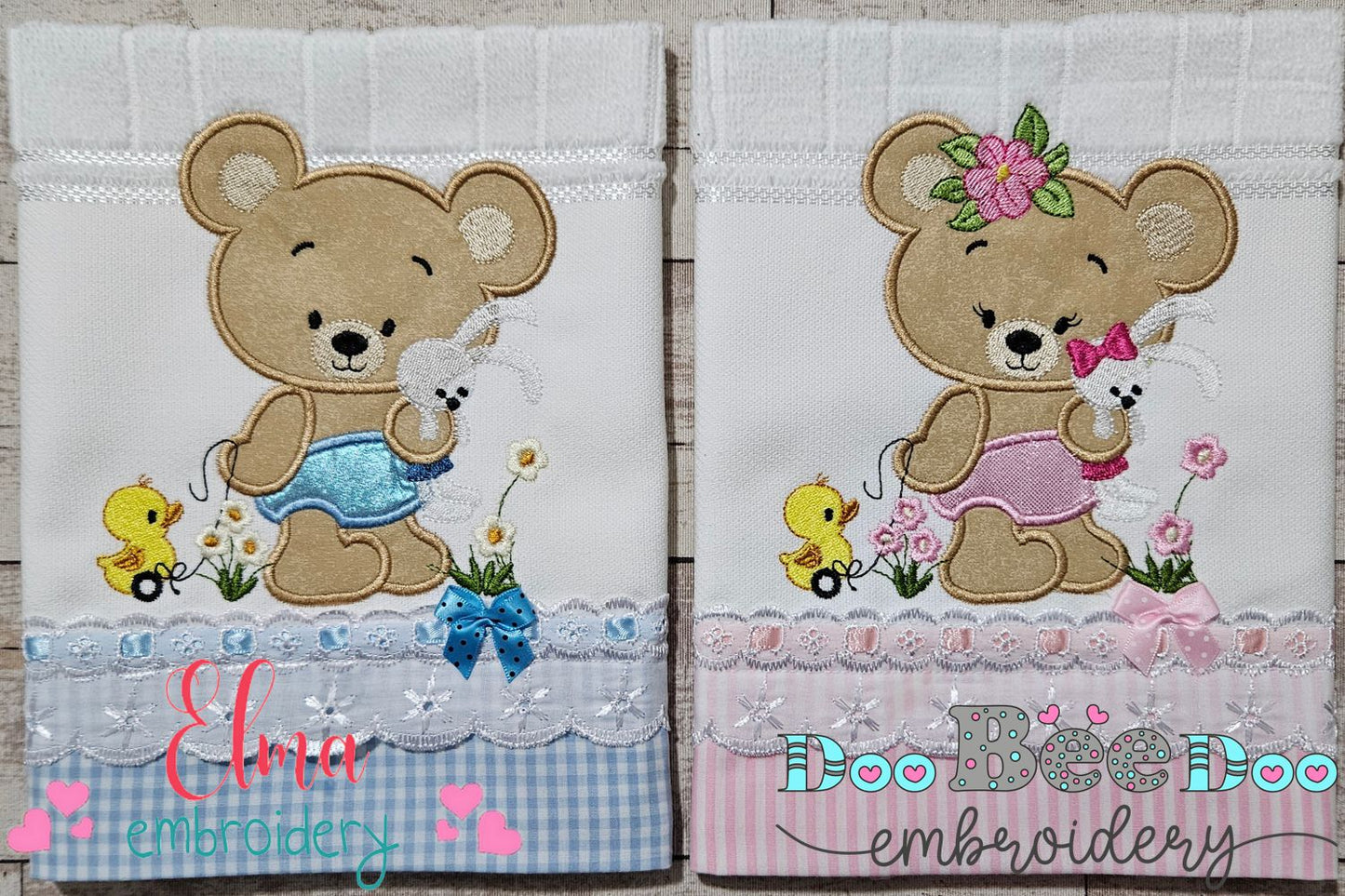Baby Teddy Bear Boy and Girl with Bunny - Applique - Set of 2 designs