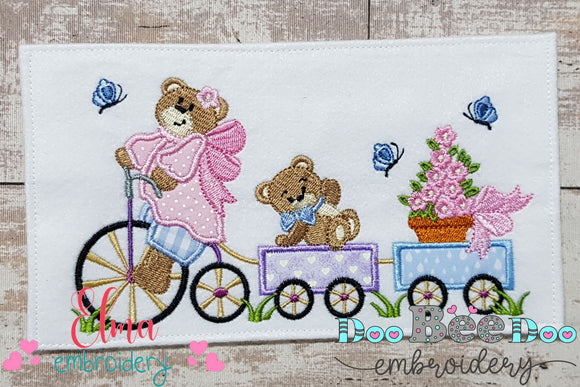 Teddy Bear Girl Bicycle Train - Applique Machine Embroidery Design