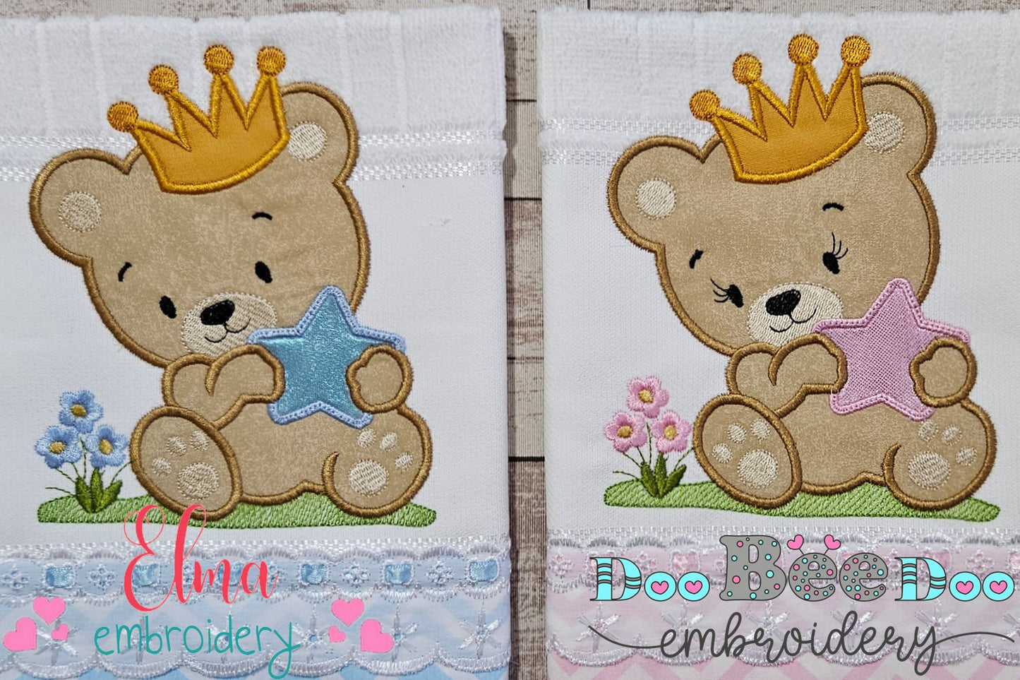 Prince and Princess Teddy Bear and Star - Applique - Set of 2 designs