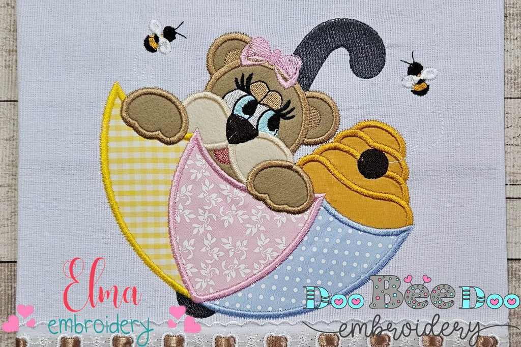 Bear Girl, Beehive and Umbrella - Applique - Machine Embroidery Design