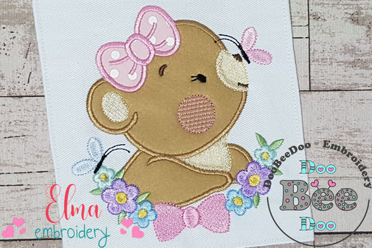 Bear Girl Flowers - Aplique - Machine Embroidery Design