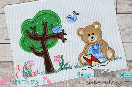 Teddy Bear Boy, Kite and Tree - Applique