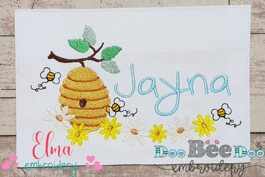 Spring Bumble Bee Beehive with Flowers - Fill Stitch