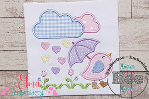 Bird, Umbrella and Raining Hearts - Applique - Machine Embroidery Design
