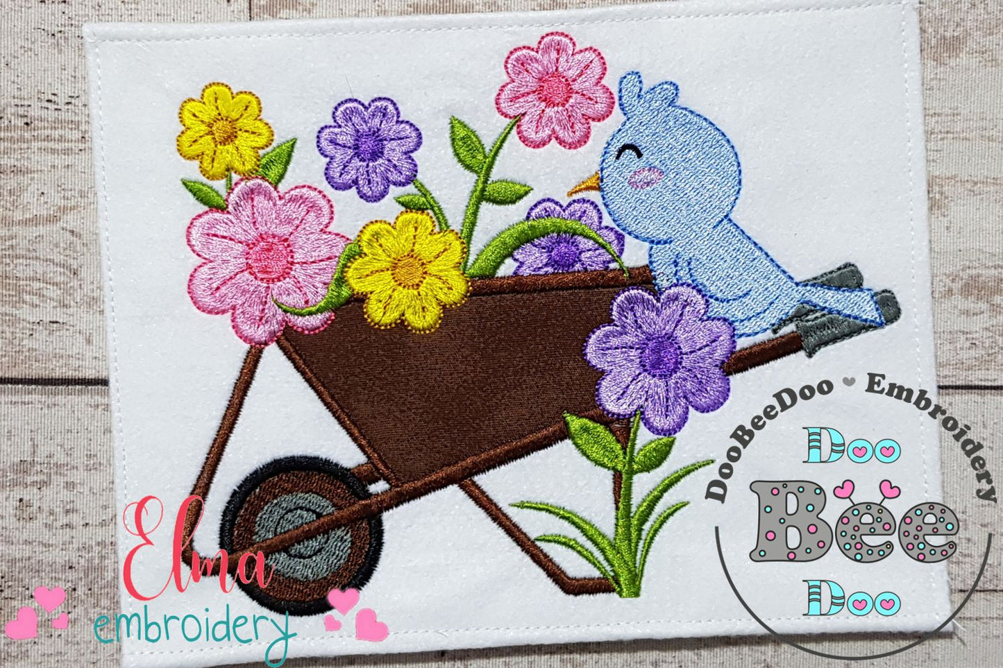 Bird and Flowers in Wheelbarrow - Applique - Machine Embroidery Design