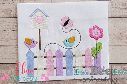 Colorful Fence and Birds - Fill Stitch
