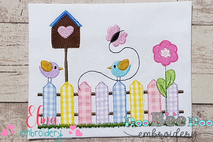 Colorful Fence and Birds - Raggy Applique