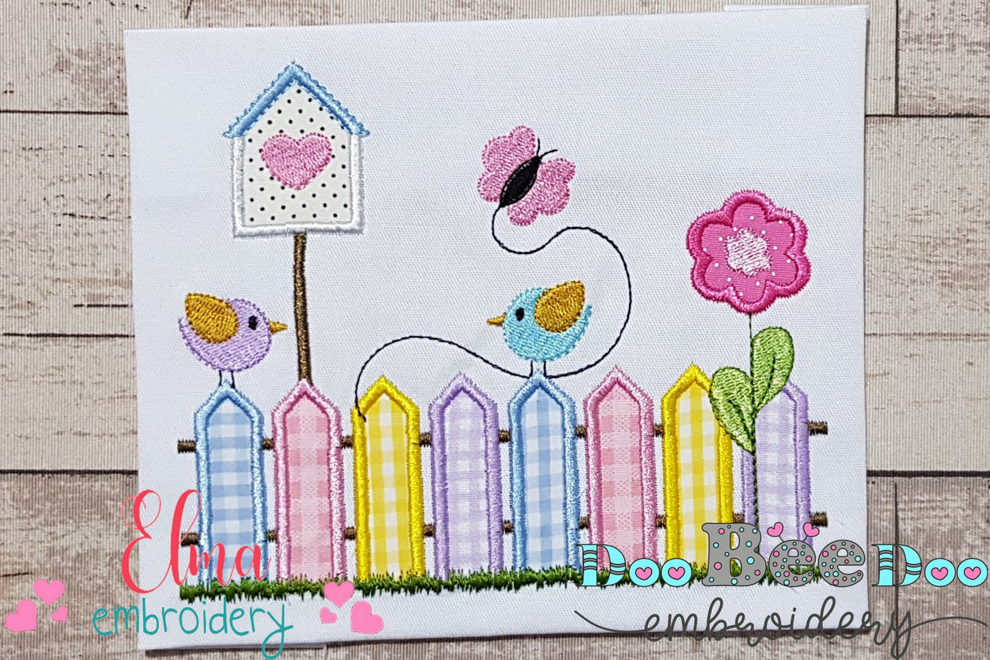 Colorful Fence and Birds - Applique - Machine Embroidery Design