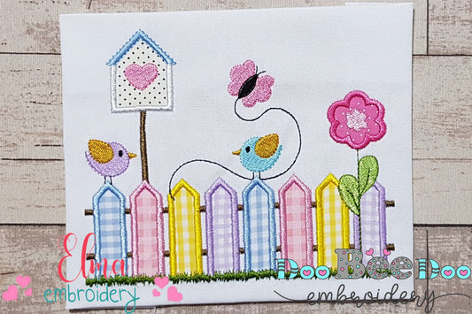Colorful Fence and Birds - Applique - Machine Embroidery Design