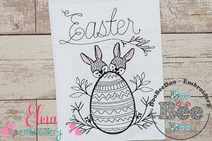 Easter Bunnies and Egg - Redwork