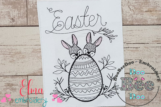 Easter Bunnies and Egg - Redwork