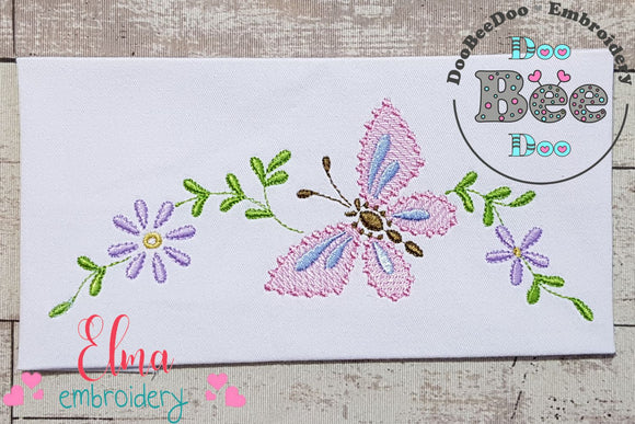 Delicate Butterfly and Flowers - Fill Stitch Embroidery