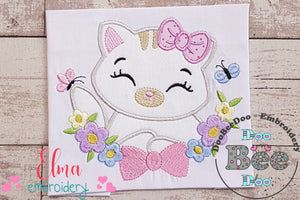Cat Girl, Butterfly and Flowers - Applique - Machine Embroidery Design