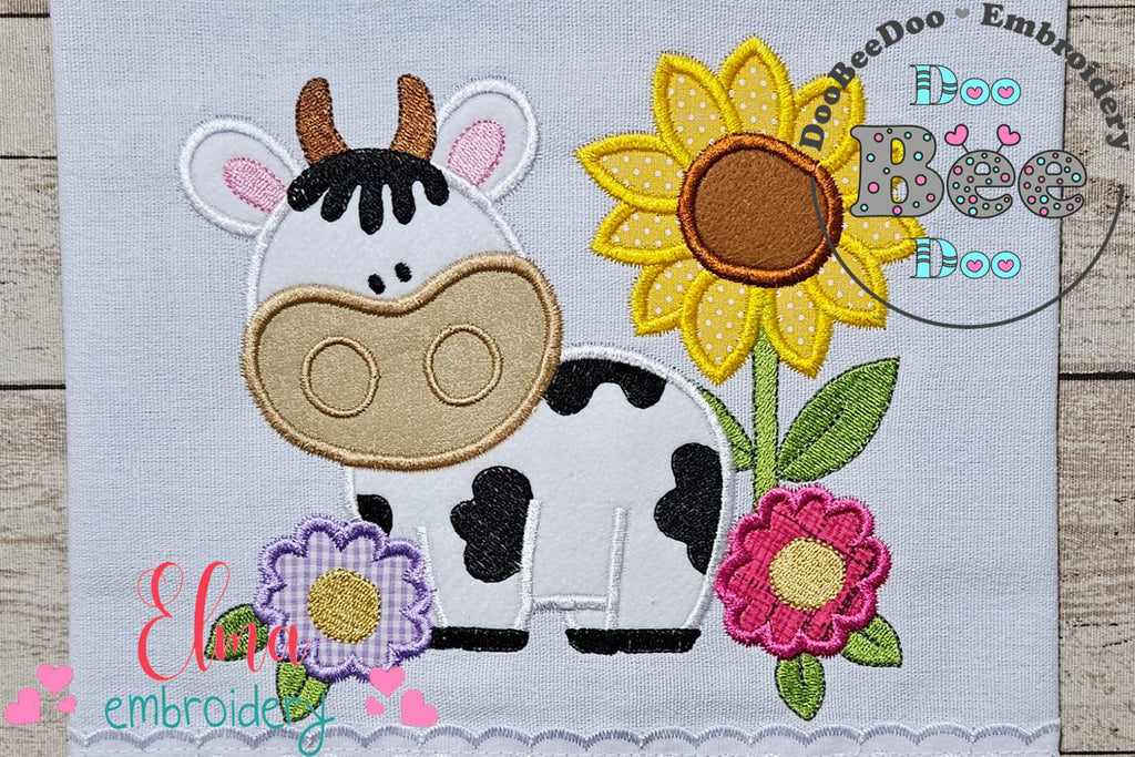 Farm Cow and Flowers - Applique - Machine Embroidery Design