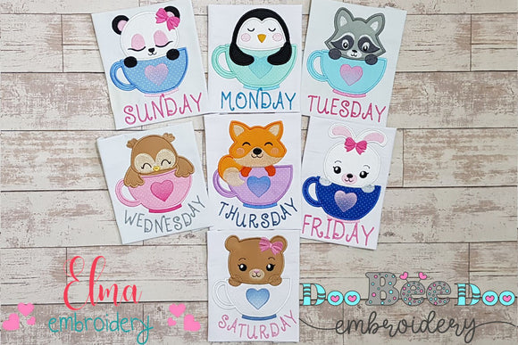 Days of the Week Animals in the Cup - Applique - Set of 7 designs