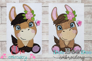 Donkey Girl with Flowers - Applique & Fill Stitch - Set of 2 designs