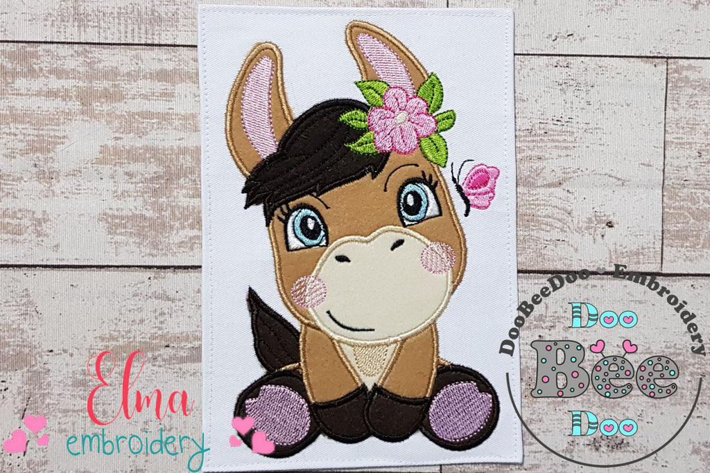 Donkey Girl Smiling with Flowers - Applique