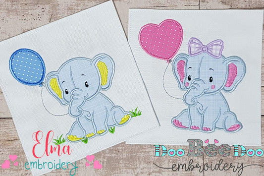 Baby Elephant Boy and Girl with Balloon - Applique - Set of 2 designs