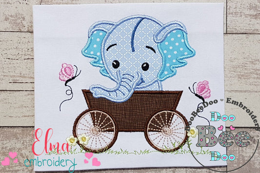 Baby Elephant Boy in the Wagon - Applique Machine Embroidery Design