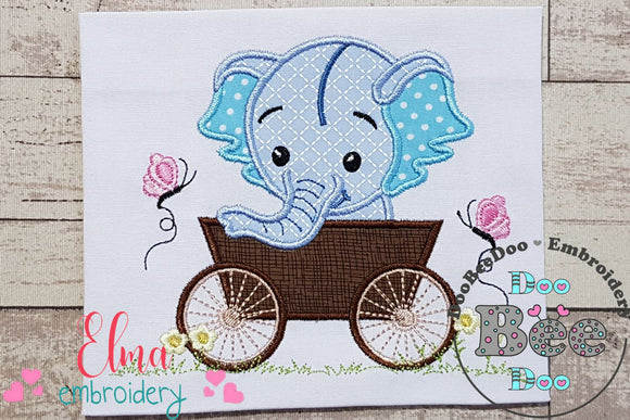 Baby Elephant Boy in the Wagon - Applique Machine Embroidery Design