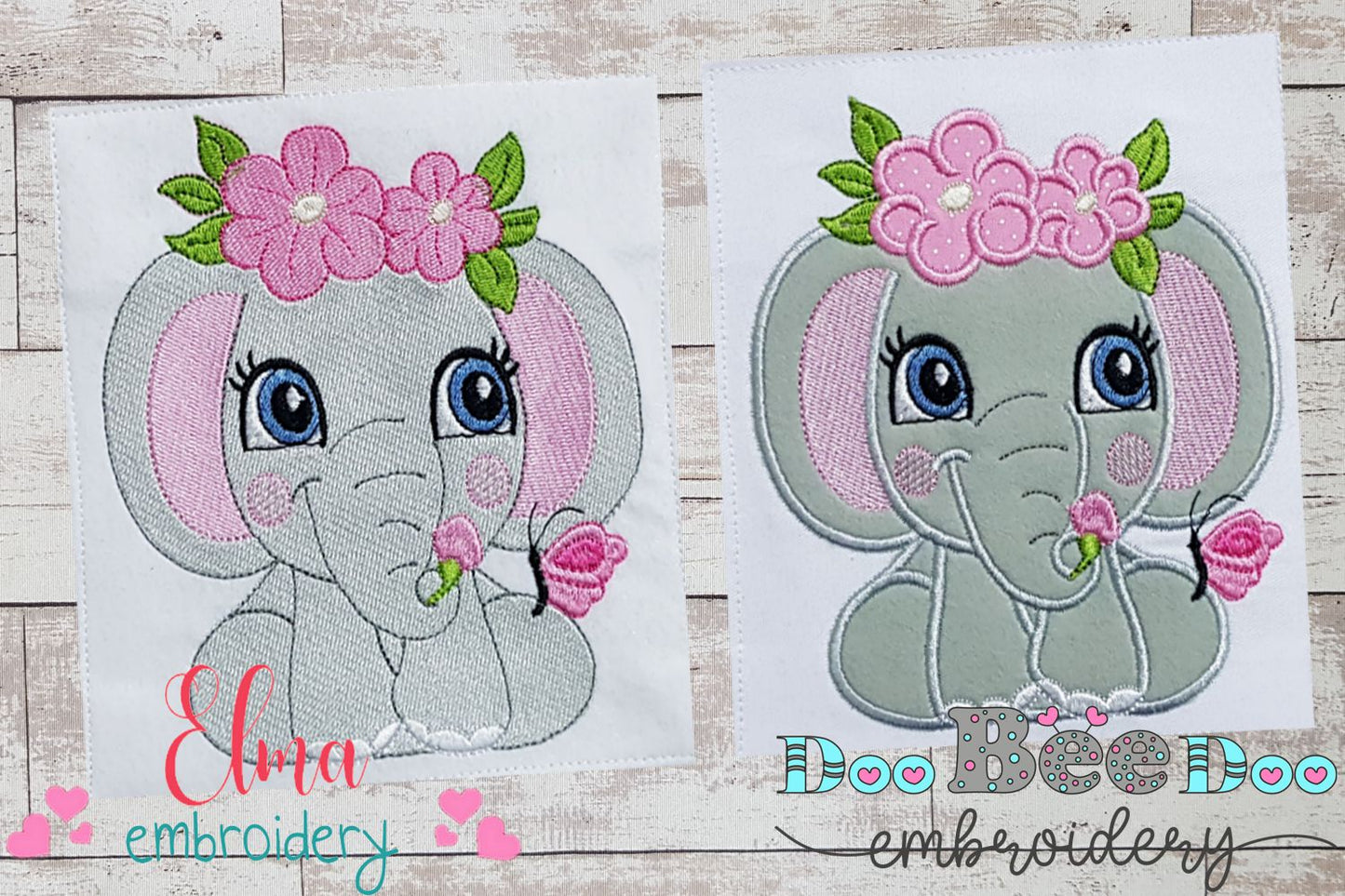 Elephant Girl with Flowers - Applique & Fill Stitch - Set of 2 designs