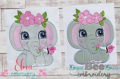 Elephant Girl with Flowers - Applique & Fill Stitch - Set of 2 designs