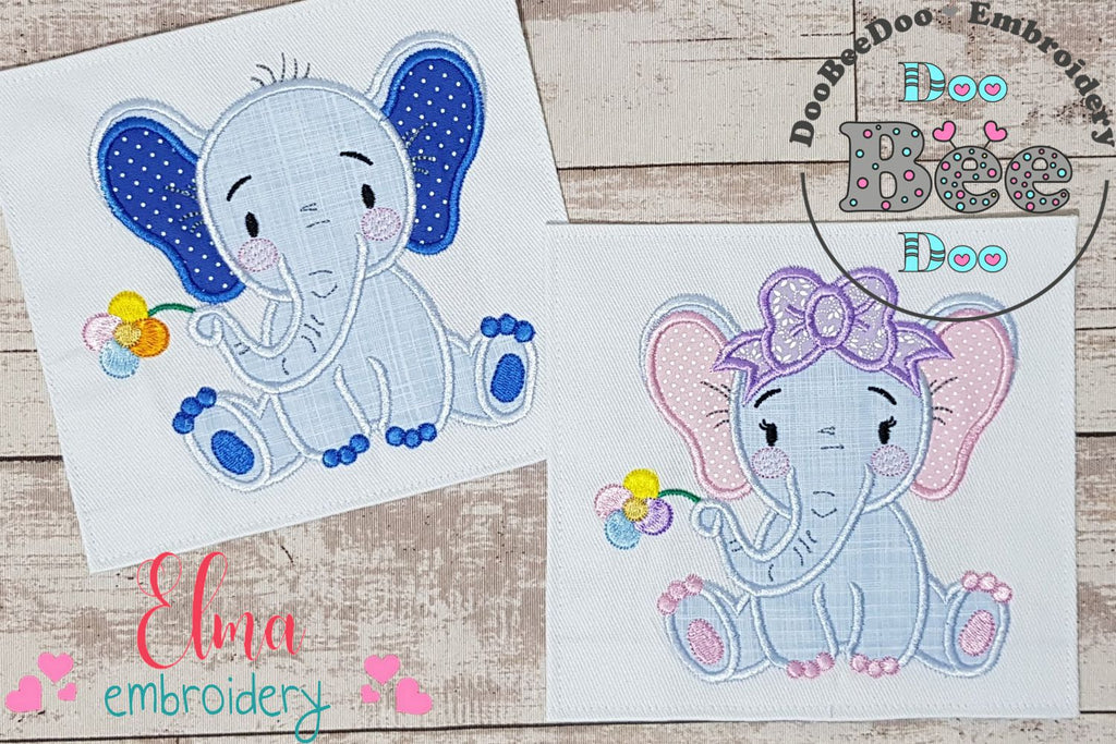 Elephant Girl and Boy Holding a Flower - Set of 2 designs - Applique