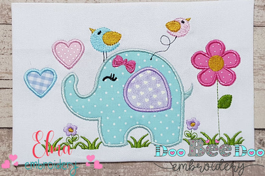 Elephant Girl, Birds and Flowers - Applique