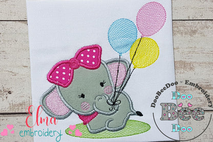 Baby Elephant Girl with Balloons - Applique - Machine Embroidery Design