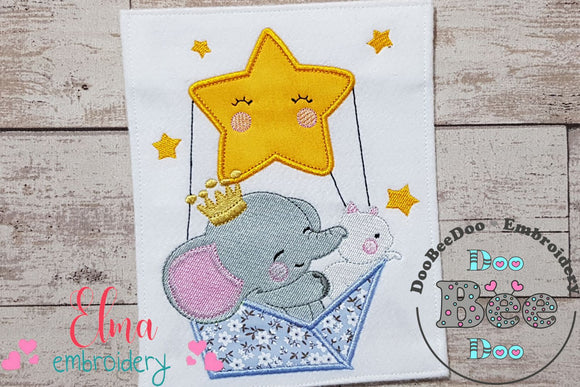 Prince Elephant and Cat in a Paper Boat Star Balloon - Applique Embroidery