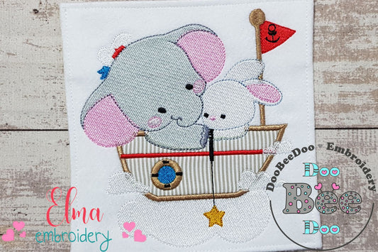 Elephant and Bunny on a Boat - Applique