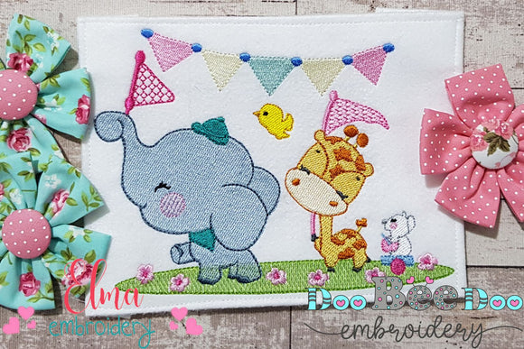 Elephant ,Giraffe, Mouse and Bird - Fill Stitch Embroidery