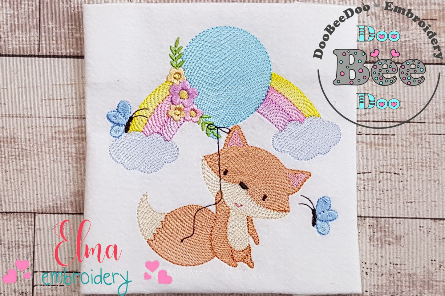 Fox Boy, Rainbow and Balloon - Rippled Stitch - Machine Embroidery Design