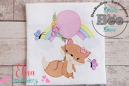 Fox Girl, Rainbow and Balloon - Rippled Stitch - Machine Embroidery Design