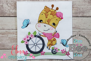 Giraffe on Bicycle and Flowers - Fill Stitch