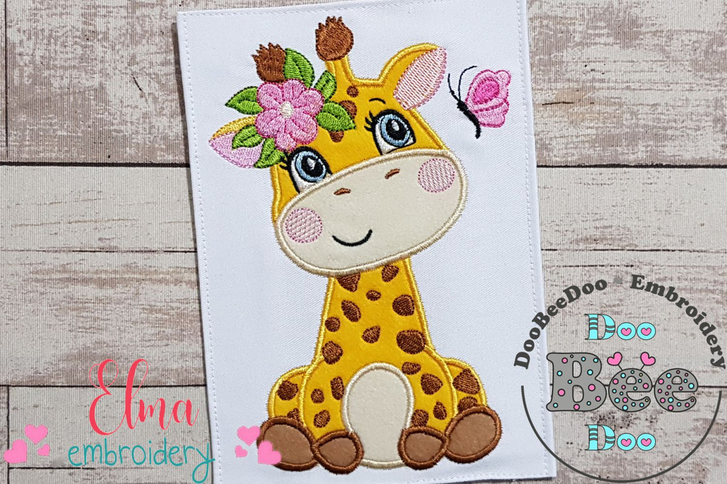 Giraffe Girl with Flowers - Applique - Machine Embroidery Design