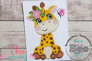 Giraffe Girl with Flowers - Applique - Machine Embroidery Design