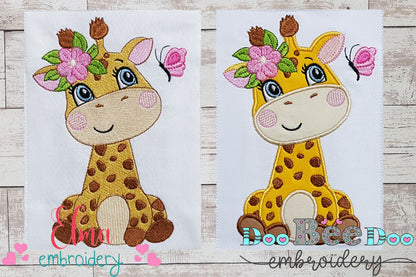 Giraffe Girl with Flowers - Applique & Fill Stitch - Set of 2 designs