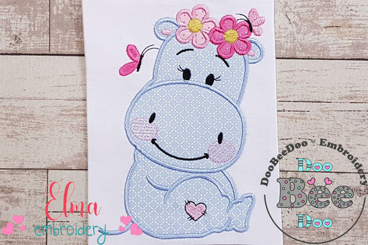 Hippo Girl Smiling with Flowers - Applique