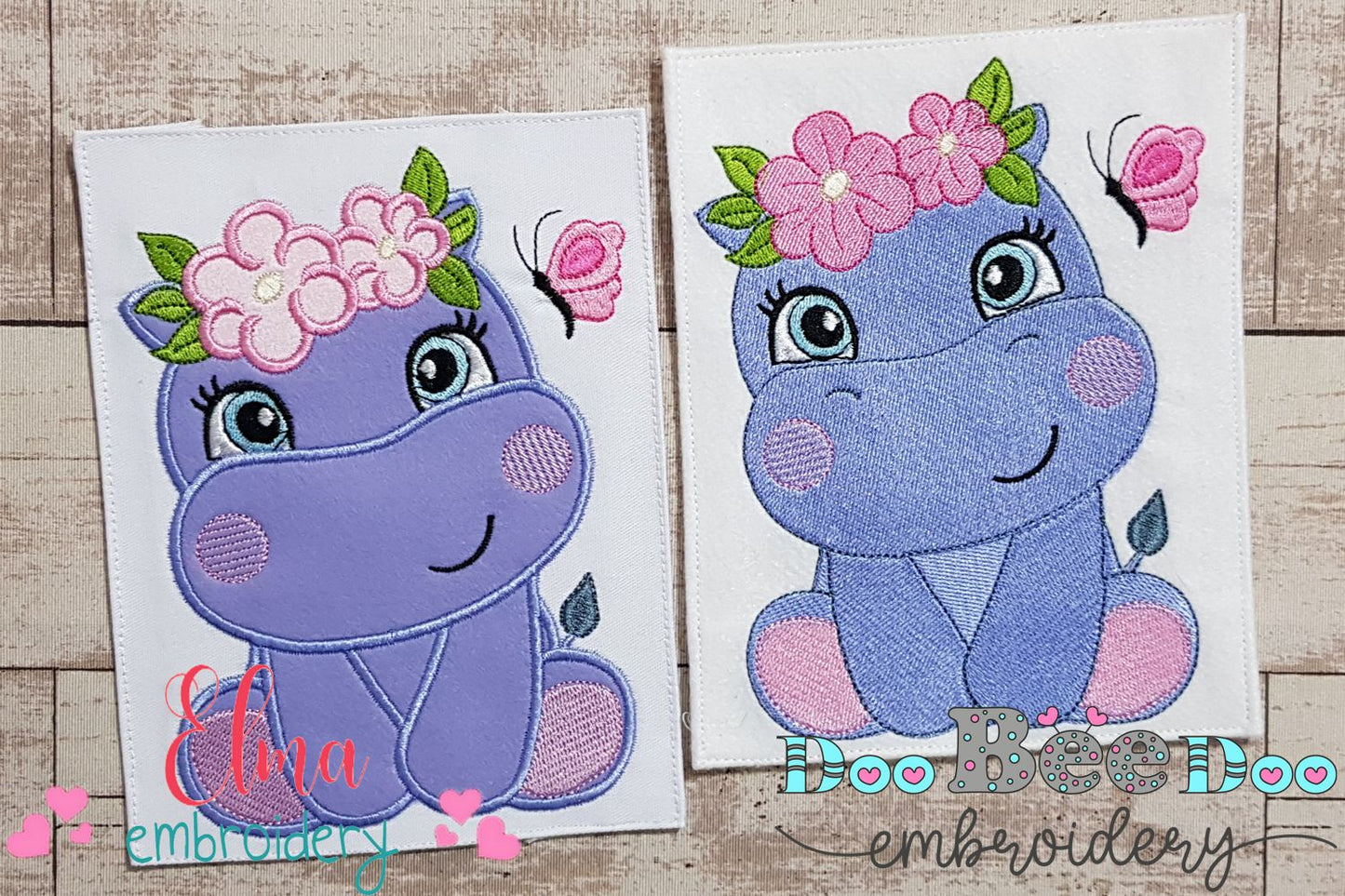 Hippo Girl with Flowers - Applique & Fill Stitch - Set of 2 designs