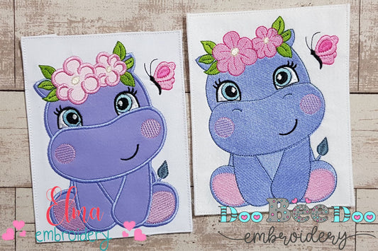 Hippo Girl with Flowers - Applique & Fill Stitch - Set of 2 designs