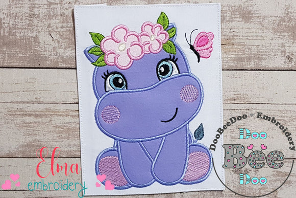 Hippo Girl with Flowers - Applique Embroidery