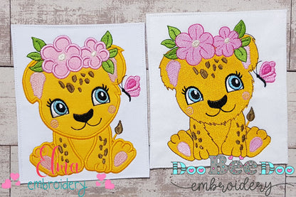 Jaguar Girl with Flowers - Applique & Fill Stitch - Set of 2 designs
