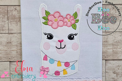 Cute Llama Face with Flowers - Applique